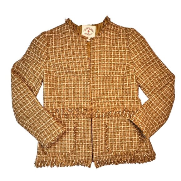 Brooks Brothers Tweed Blazer Sz.6 Tan Fitted Fringe Trim Career Old Money Classy - Picture 5 of 12